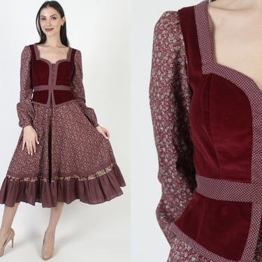 Burgundy Calico Gunne Sax Dress, Maroon Peplum Velvet, 70s Lace Peasant Skirt With Pockets 