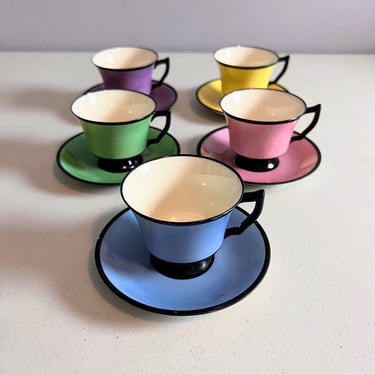 Vintage Art Deco Tea Cup and Saucer Set of 5 Hand Decorated in USA MCM Pastel 
