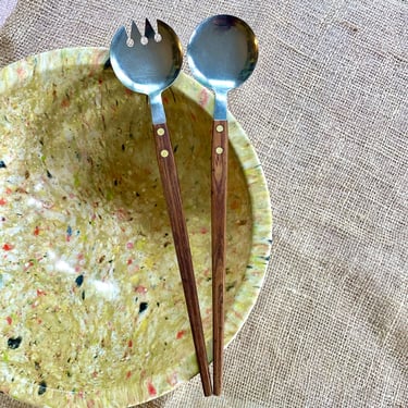 Mid Century Modern Salad Servers, Spoon and Fork - Walnut Wood and Stainless Steel Metal, Brass Rivet, Long Handles, Made in Japan, Vintage 