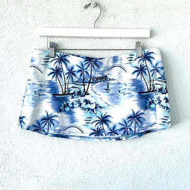 Vintage Ocean Pacific OP Hawaiian Skirt 90s Y2k Tropical Mini Swim Skirt White Hawaii Blue Tiki Swimsuit Coverup 