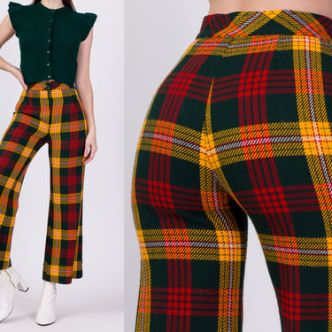 70s Plaid Knit High Waisted Pants - Extra Small, 24" | Vintage Bobbie Brooks Wide Leg Kick Flare Retro Trousers 