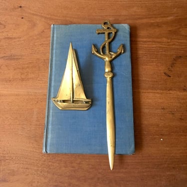 Nautical brass desk set - anchor letter opener and sailboat binder clip - 1970s vintage 