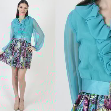 Psychedelic Print Skirt, Teal Chiffon Mini, 60s Belted Cocktail Dress, Vintage Sheer Sleeves 