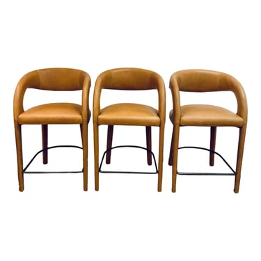 Modern Camel Top-Grain Leather Counter Stools Set of 3