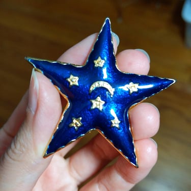 Fabulous Vintage 80s 90s Blue Enamel & Gold Star Brooch 