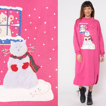 Cat Pajama Dress 90s Nightie Fuzzy Kitten Snowman Kawaii Pink Nightgown Sleep Lounge Dress Long sleeve Midi Side Slit Vintage 1990s Medium M 