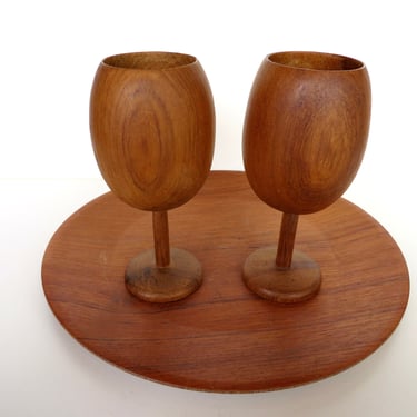 Vintage Danish Modern Hand Turned Teak Goblets, Set of 2 Wooden Toasting Chalice Cups 