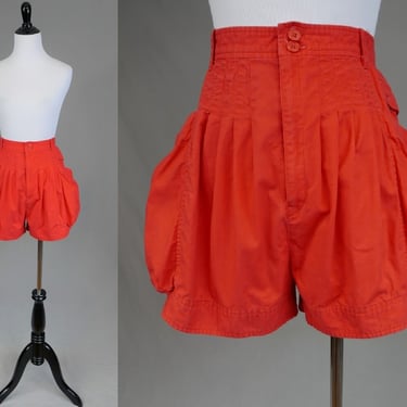 80s 90s Pleated Red Shorts - 27" waist - High Rise - Unusual Full or Puff Look - Cotton - Ashley Brooke - Vintage 1980s 1990s 