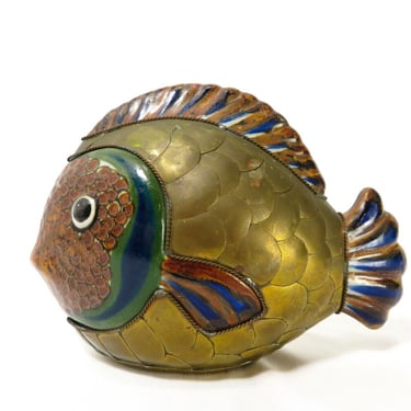 Vtg TONALA FOLK ART FISH POTTERY SCULPTURE Ceramic Brass MEXICO Bustamante Style