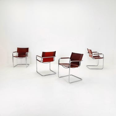 set of 4 Matteo Grassi original Bauhaus design Visitor model Chair dark  cognac Leather 1970s Italy 