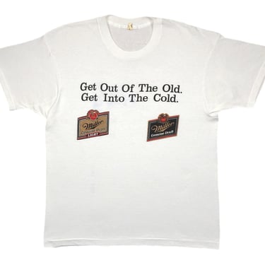 Vintage 80s Miller Genuine Draft “Get out of the old. Get into the cold.” Beer Promo Graphic T-Shirt Size Large/XL 