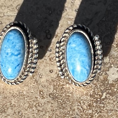 Vintage Western Sterling Silver Denim Blue Quartz Stone Oval Cowgirl Post Earrings 