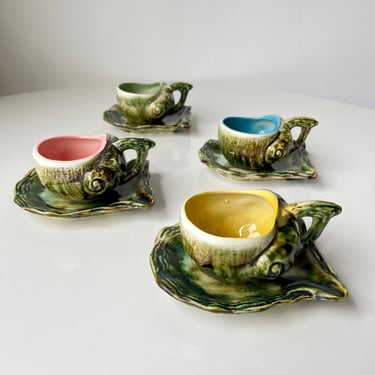 Vintage 50's Majolica Ceramic Conch & Oyster Shell Tea Cup and Saucer Set 