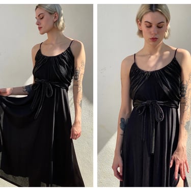 1970s Cocktail Dress / Disco Lamé Lurex Dress / Little Black Dress / Spaghetti Strap Drapey Dress / Gold and Black 