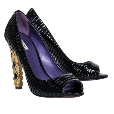 Miu Miu - Black Pleated Patent Leather Embellished Heels Sz 8.5