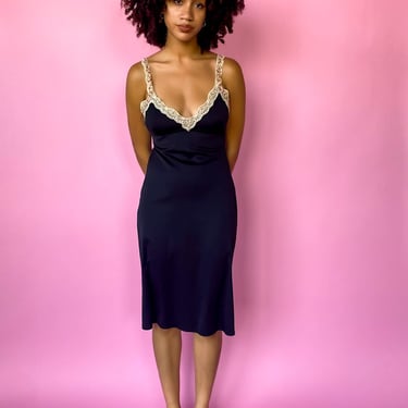 1990s Black Floral Lace Trim Slip Dress, sz. S/M