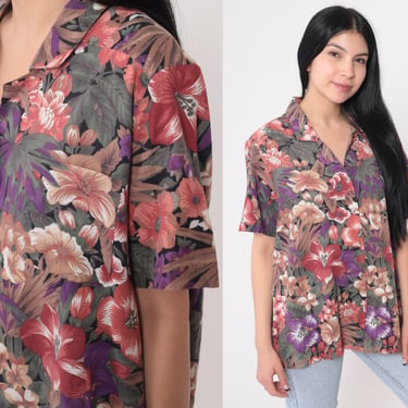 Tropical Floral Blouse 90s Button up Shirt Purple Hibiscus Flower Leaf Print Top Short Sleeve Collared Summer Boho Retro Vintage 1990s Large 
