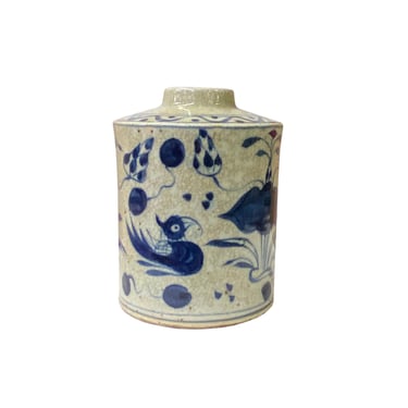 Chinese Distressed Beige Tan Porcelain Blue Birds Graphic Vase ws2842E 