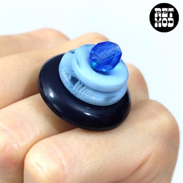 Interesting Adjustable Vintage Blue Stacked Button Statement Ring 