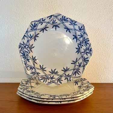 Vintage 1980s Set of Four Japanese Inspired Blue + White Ceramic Dish Set Imperial Trellis by Straffordshire 
