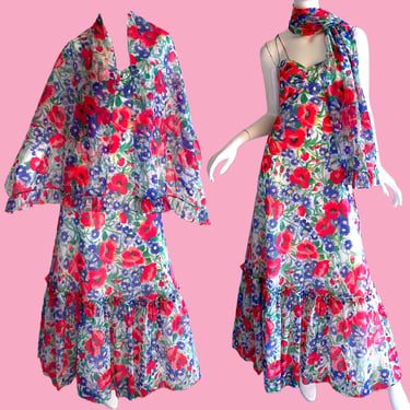 70s Vintage Wedding Flower Gown, Emma Domb Psychedelic Shawl Maxi Dress Medium 
