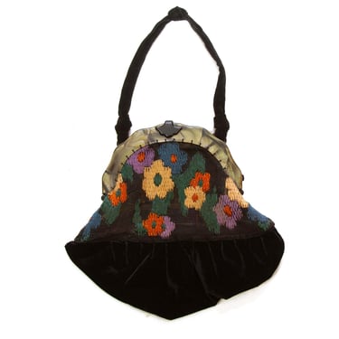 1920s Purse ~ Woven Floral and Black Velvet Handbag 
