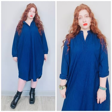 1980s Vintage Pier 1 Imports Denim Dress / 80s / Eighties Split Neck Bohemian Cotton Tent Dress / Size Medium - Large 