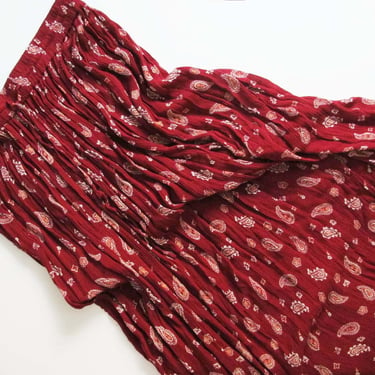 90s Indian Drawstring Maxi Skirt S M  - Burgundy Red Paisley Bohemian Long Skirt - Rayon Crinkle Wrinkle Peasant Skirt 