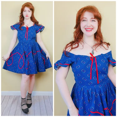 1980s Vintage Blue Cotton Floral Off Shoulder Western Dress / 80s / Eighties Milkmaid Ruffled Heart Fit and Flare Square Dance Dress / Large 