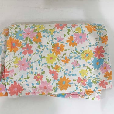 Vintage Double Full Fitted Sheet Mohawk Floral Sheet Pink Flowers Bedding Fabric 1960s 