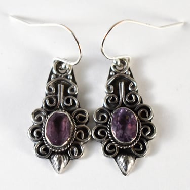 70's Renaissance Revival amethyst sterling hippie dangles, ornate 925 silver wire work boho bling flower earrings 