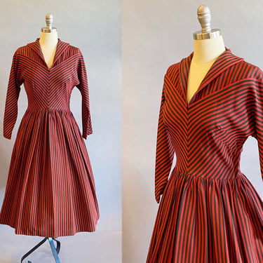 1950s Chevron Print Dress / Silk Faille Dress / Red Striped Dress / Fit And Flare Dress / 50s Party Dress / Size Medium 