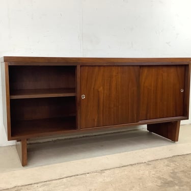 Mid-Century Walnut Credenza With Sled Legs and Sliding Doors 