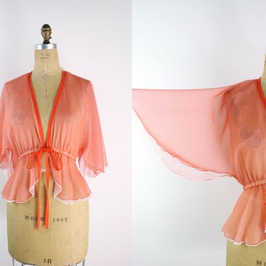70s Coral Camisole / Angel Sleeves Top / Vintage Sheer Top Blouse / Nightgown / Size S/M 