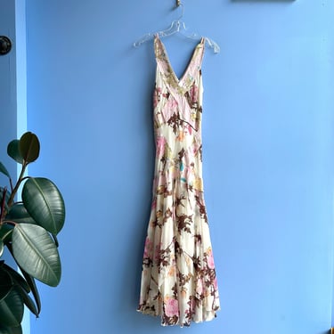 Vintage Y2K Dress / 2000s Diane Freis Floral Silk Gown / White Pink ( XS S ) 