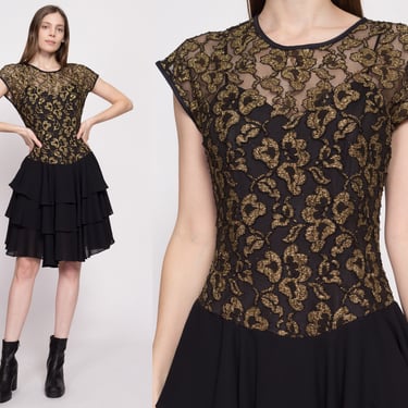 80s Black & Gold Party Dress - Medium | Vintage Shiny Mylar Floral Tiered Skirt Fit Flare Mini Dress 