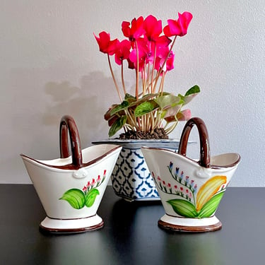 Vintage Pair of UCAGCO Flower Pails, Buckets, Candy Dishes or Small Vases - Hand Painted, Floral Flower, English Garden, Hosta 