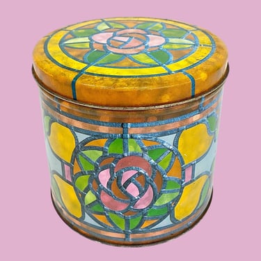 Vintage Storage Tin with Lid Retro 1970s Mid Century Modern + Stained Glass + Rose Design + Metal + Cylinder Shape + Kitchen Storage + Decor 