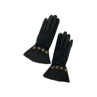 Hermès 1980s Vintage Gold Anchor Chain Black Suede Gloves 