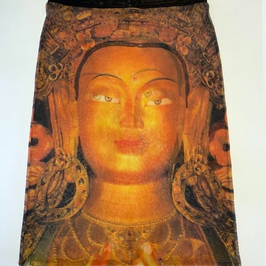 Vivienne Tam Buddha Mesh Skirt • Vintage 90s Runway Couture Design • Sheer Stretch Pencil Skirt • Vietnamese Asian Designer • Size Medium 