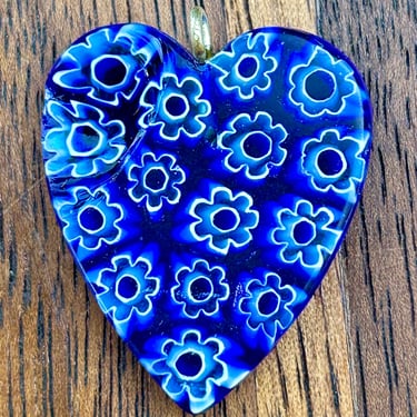 Murano Millefiori Heart Pendant Art Glass Blue Handmade Jewelry 