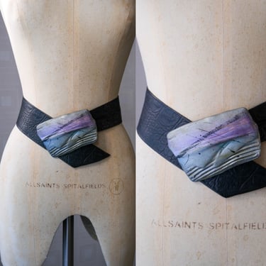 Vintage 80s Nina Blandi Black Reptile Embossed Leather Wide Belt w/ Abstract Raku Styled Buckle  | 100% Leather | 1980s Art Designer Belt 