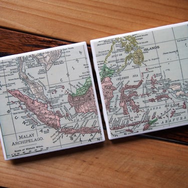 1899 Indonesia Map Coaster Set of 2. Indonesia Gift. Vintage Map. Southeast Asia Décor. Antique Map Sumatra Java Borneo Map Asia Travel Gift 