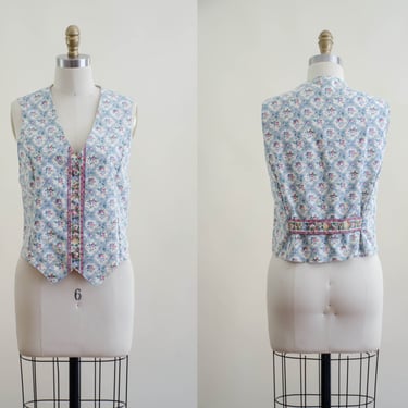 floral cotton vest | 90s vintage blue romantic floral cottagecore light academia cotton waistcoat 