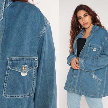 Denim Snap Up Jacket Y2K Blue Jean Jacket Retro Streetwear Collared Chore Coat Minimalist Basic Plain Vintage 00s Ralph Lauren Jeans 2xl xxl 