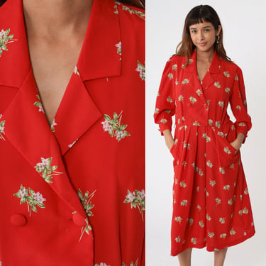 80s Floral Dress Red Midi Pleated Flower Print Boho Button Up Wrap Dress Secretary Pocket Vintage 1980s High Waist 3/4 Puff Sleeve Medium 8 