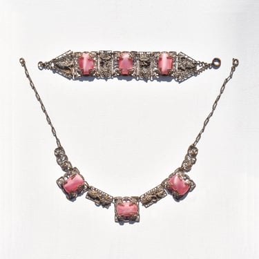 Art Nouveau Czech Pink Peking Glass Grape Motif Necklace & Bracelet, Antique Silver Brass Filigree, Matching Set 