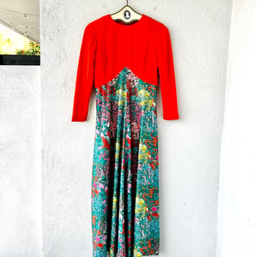 Vintage 60s 70s Psychedelic Bright Floral Dress Empire Waist Boho Glam 1970s Hawaiian Muumuu Orange Photo Real Flowers 