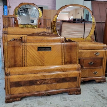 Antique Art Deco Leo Jiranek Satinwood Waterfall Bedroom Set - 3 Piece Set