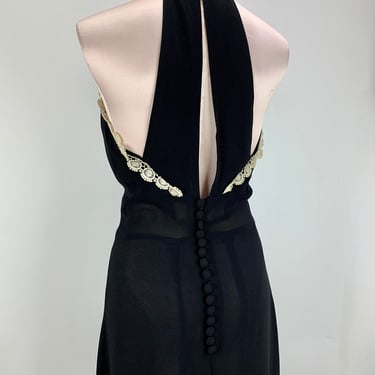 1930'S Halter Gown - Rayon with Lace Details - Low Dropout Back with 15 Cloth Covered Buttons - Old Hollywood Glamour - Size Small to Medium 